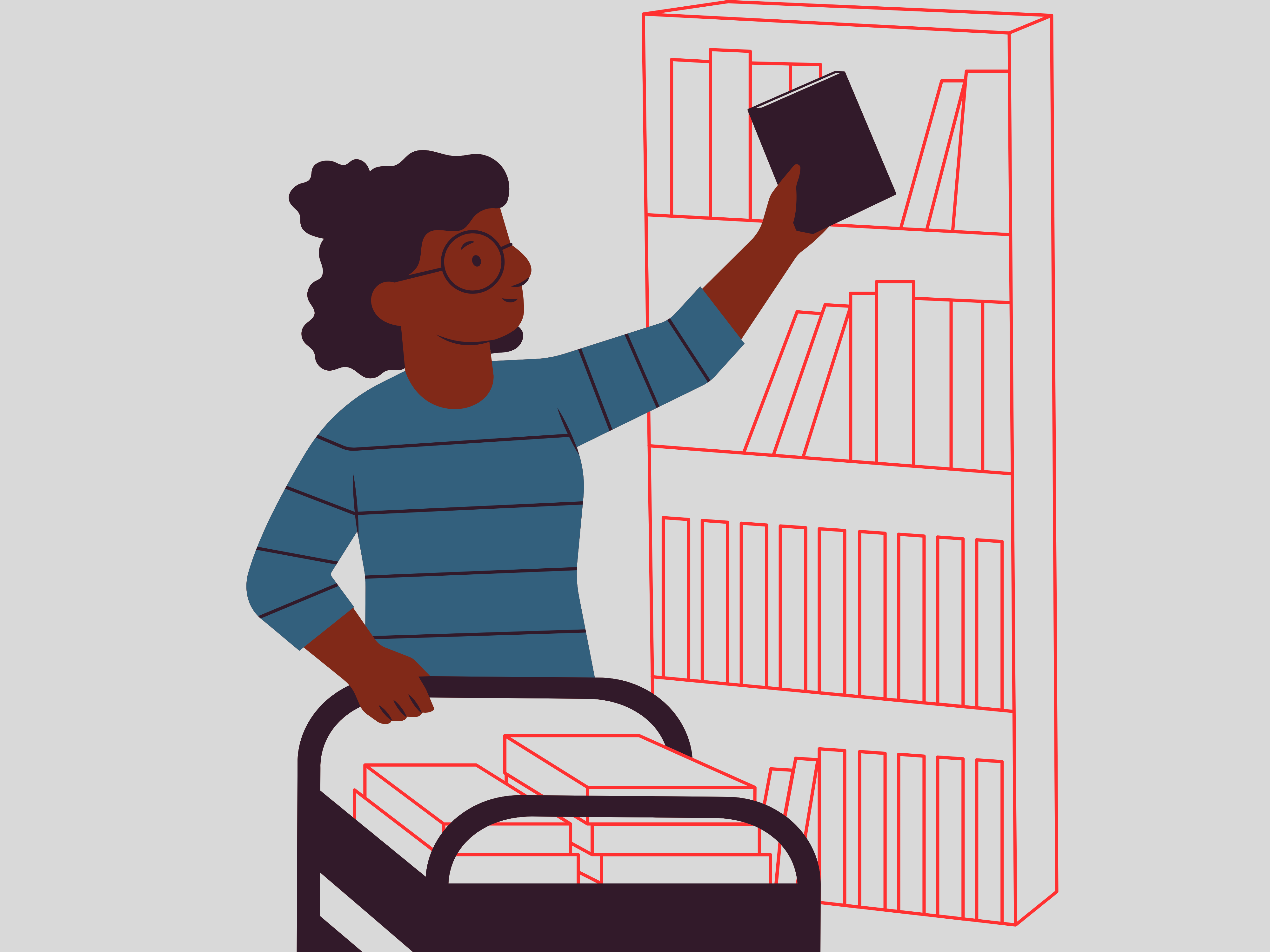 A woman at the library shelf with a book in her hand and a trolley with books